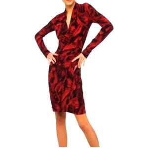 Norma Kamali Red & Black Feather Print Faux Wrap Stretch Jersey Dress